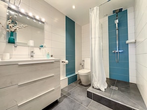 Shower, hair dryer, towels