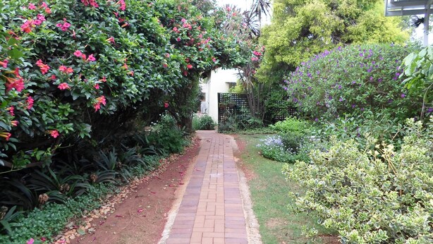 Un sendero en un jardín que lleva a un edificio de fachada blanca.