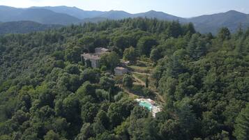 Une villa isolée, entourée d’une forêt dense, avec une piscine et un petit jardin.