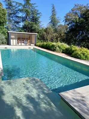 Ein rechteckiger Swimmingpool mit klarem, blauem Wasser, umgeben von einer Betonplattform. Es gibt einen überdachten Sitzbereich mit Glasverkleidung und einer Holzdielenfläche.