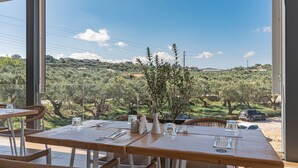 Een restaurant met houten tafels en rieten stoelen, met een mooi uitzicht op olijfbomen en heuvels.