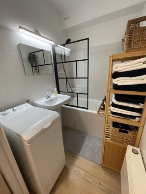 Hair dryer, soap, shampoo, toilet paper