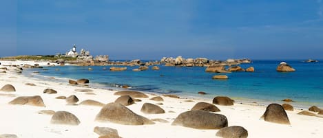 On the beach, sun-loungers