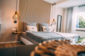 Desk, laptop workspace, blackout curtains, soundproofing