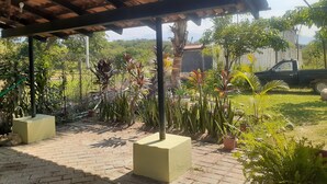 A covered patio area with a brick floor, surrounded by various potted plants and a palm tree. - Bungalow loft with large garden and rural area close to all amenities (Puerto Vallarta)