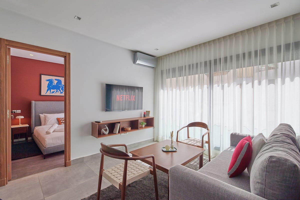 Senior Apartment | Living area | 46-inch Smart TV with satellite channels, TV