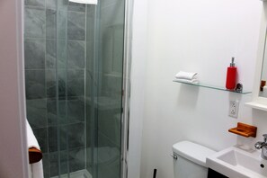 Douche, sèche-cheveux, serviettes fournies, savon