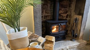 Una habitación acogedora con chimenea de piedra, una planta en maceta, una taza de café y un libro.