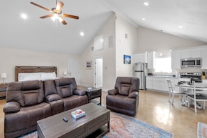 Smart TV, fireplace, books