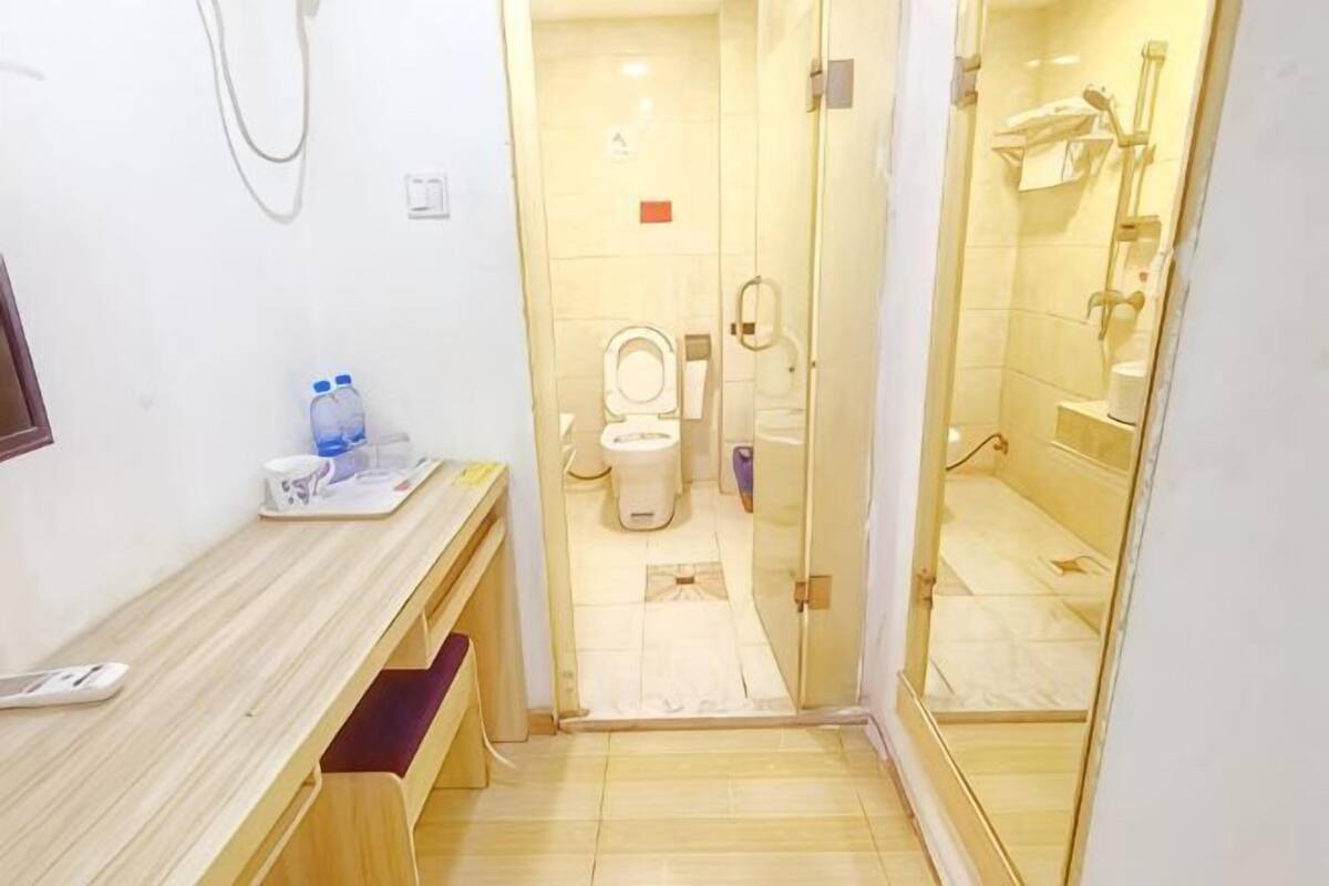 A bathroom with a toilet, shower, and a vanity with a mirror and a sink.