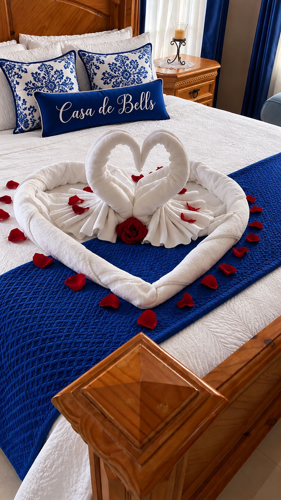 Una cama con una toalla dispuesta en forma de corazón, una manta azul y una almohada con el texto 'Casa de Bells'.