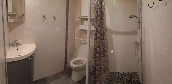 Un baño con lavabo, inodoro y ducha.