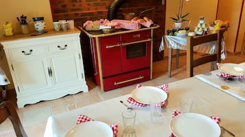 Fridge, microwave, electric kettle, high chair