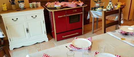 Fridge, microwave, electric kettle, high chair
