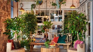 A cozy indoor seating area with wooden furniture, plants, and hanging lights. - Treehouse Hotel Manchester (Manchester)