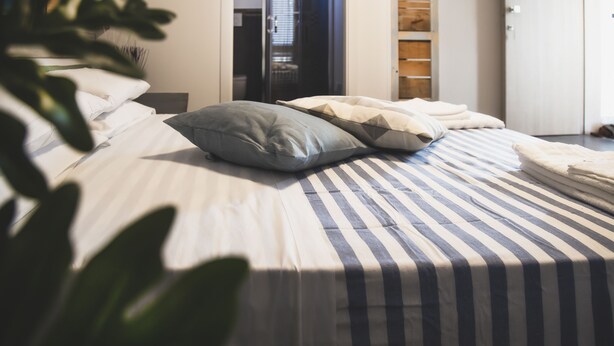 A neatly made bed with striped bedding and pillows, a plant in the foreground, and a wooden wardrobe in the background. - B&B BEL SALENTO SPECCHIA (Specchia)