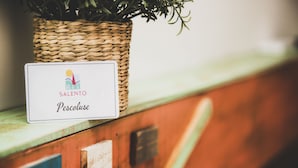 A sign with the logo and name 'Salento Pesculuse' on a wooden counter. - B&B BEL SALENTO SPECCHIA (Specchia)