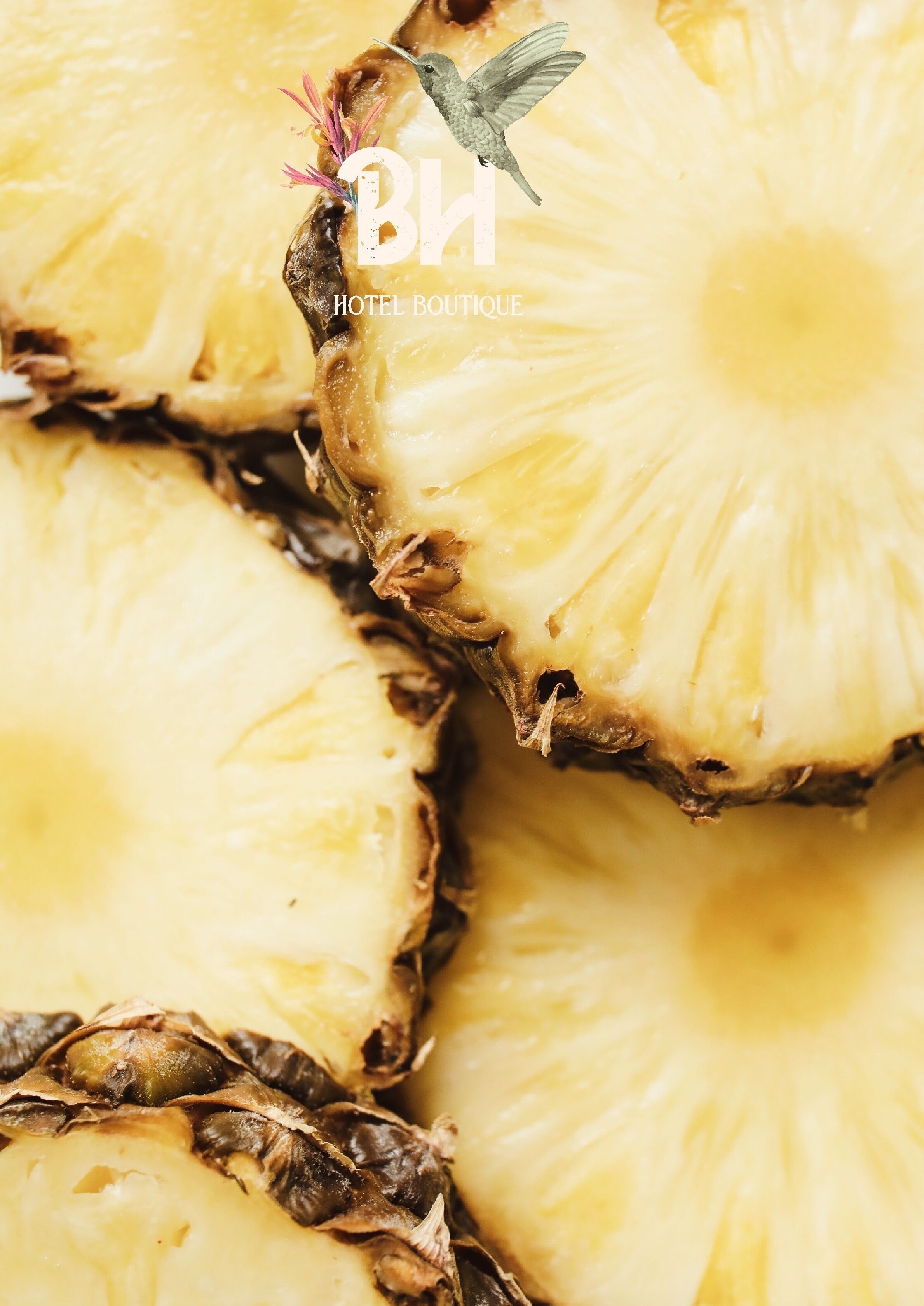 A close-up of pineapple slices with a logo and text overlay.