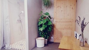 Shower, hair dryer, towels, toilet paper