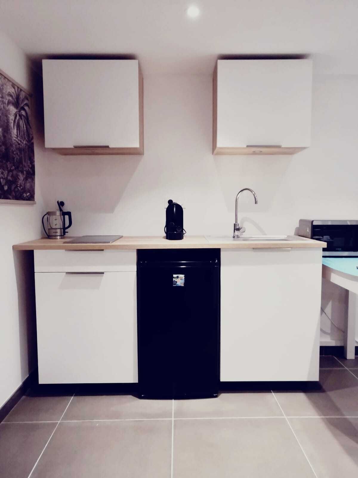 Fridge, microwave, stovetop, coffee/tea maker