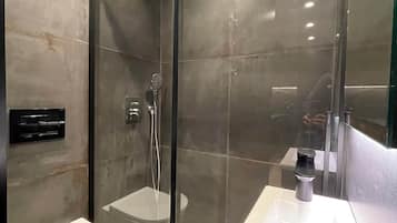 Shower, hair dryer, bathrobes, soap