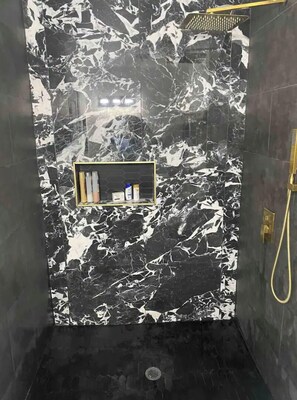 Hair dryer, towels, soap, shampoo