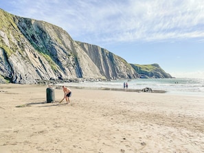 A beach with a rocky cliff, a sandy shore, and the ocean.