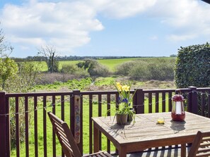 Une terrasse en bois avec une table, des chaises, un pot de fleurs et une lanterne.