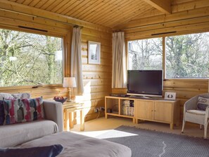 L’intérieur d’une cabane en rondins, avec un téléviseur, des meubles en bois et de grandes fenêtres.