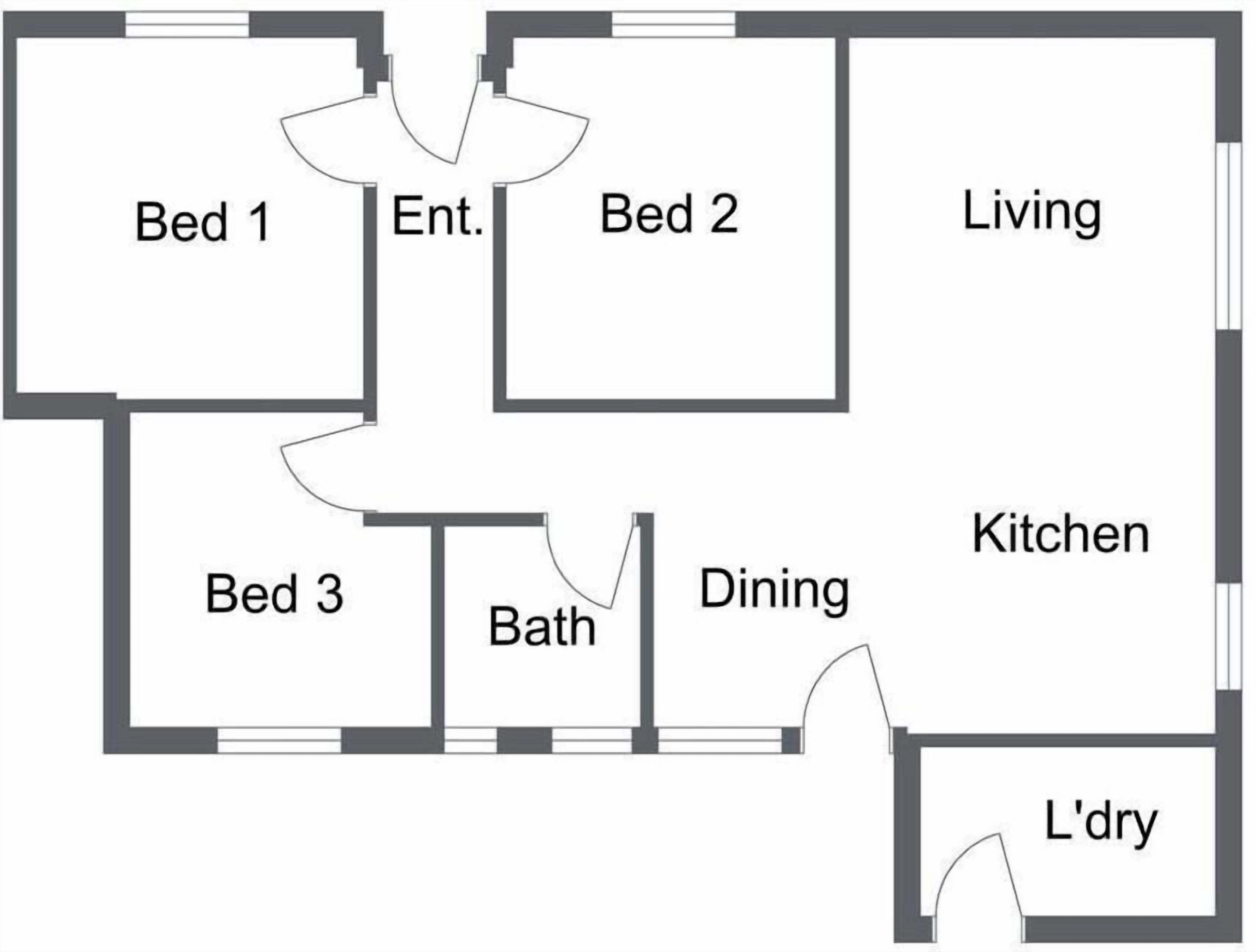 A floor plan with three bedrooms, a living area, a kitchen, a dining area, a bathroom, and a laundry room.