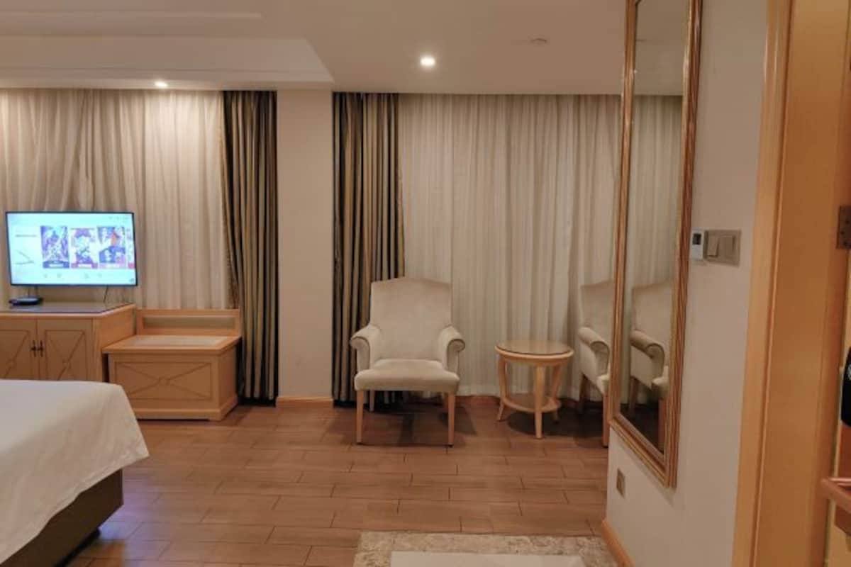 Una habitación de hotel con una cama, un televisor sobre un mueble de madera, una silla, una pequeña mesa redonda y un espejo grande.