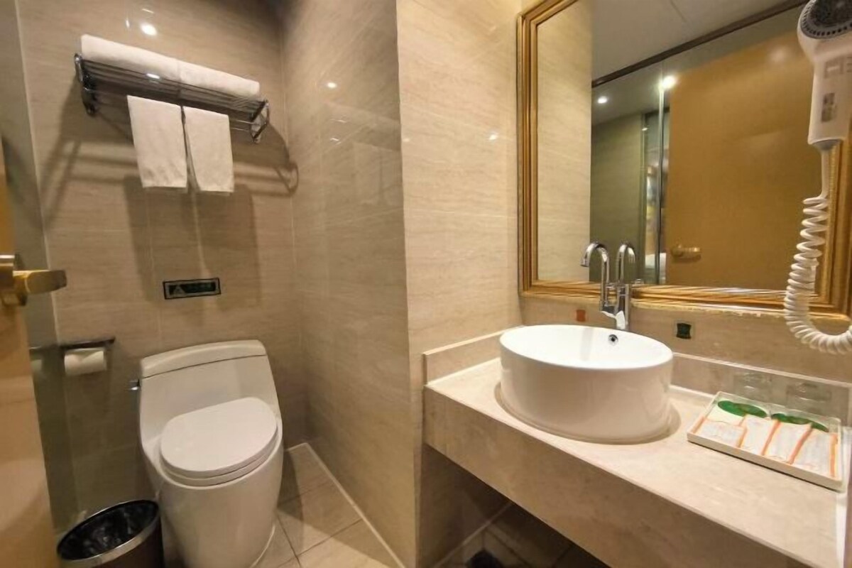 Un baño con inodoro, lavabo, toallero, espejo y secador de pelo.