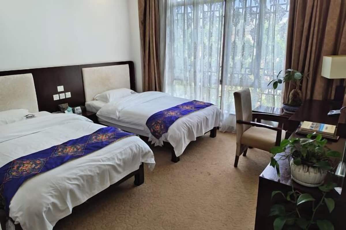Ein Hotelzimmer mit zwei Betten, einem Schreibtisch, einem Stuhl und einer Zimmerpflanze.