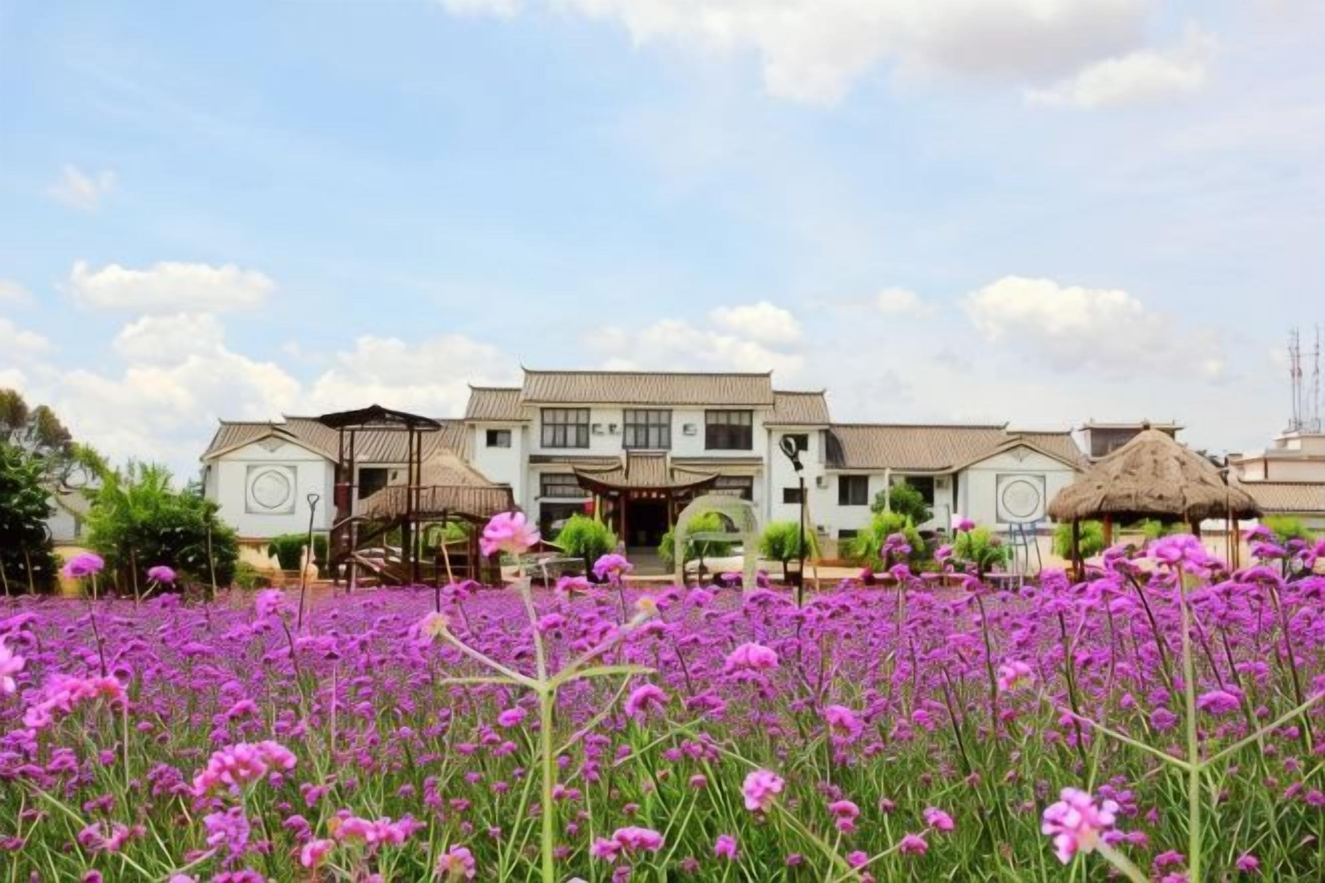A traditional building with a symmetrical facade, a central entrance with a covered walkway, and a field of purple flowers in the foreground.