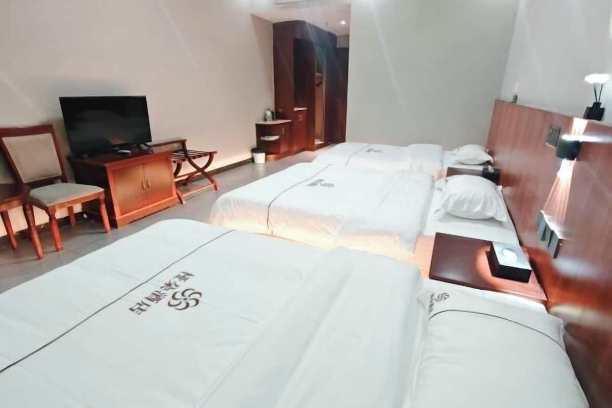 Una habitación de hotel con dos camas, un televisor, un armario de madera y un escritorio.