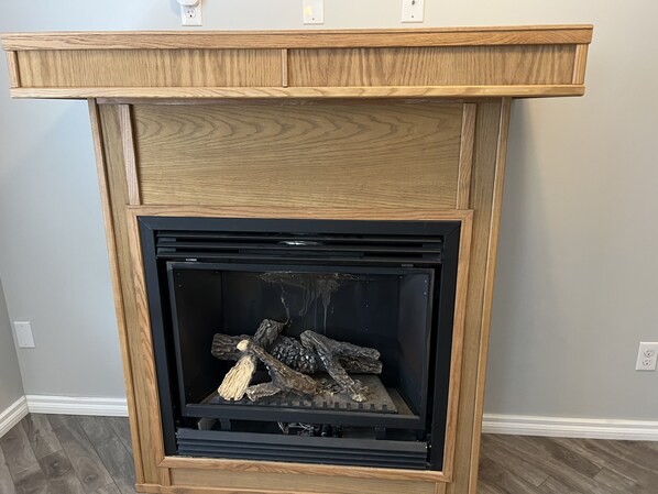 A fireplace with a wooden mantel and a black glass door, containing logs.