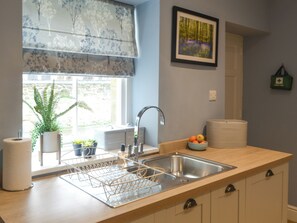 Una cocina con un lavabo, una ventana con una planta y un cuadro en la pared.