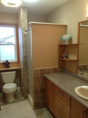 Shower, towels, soap, toilet paper