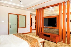 Una habitación de hotel con una cama, televisión, armario y puerta.