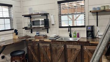 Fridge, microwave, coffee/tea maker, blender