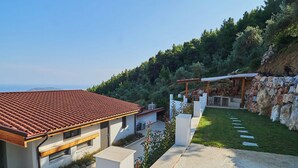 A modern house with a red-tiled roof, a stone wall, and a grassy yard. - Small Villa Emy Exclusive (Sporades)