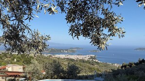 A swimming pool with a view of a coastal town and hills. - Small Villa Emy Exclusive (Sporades)