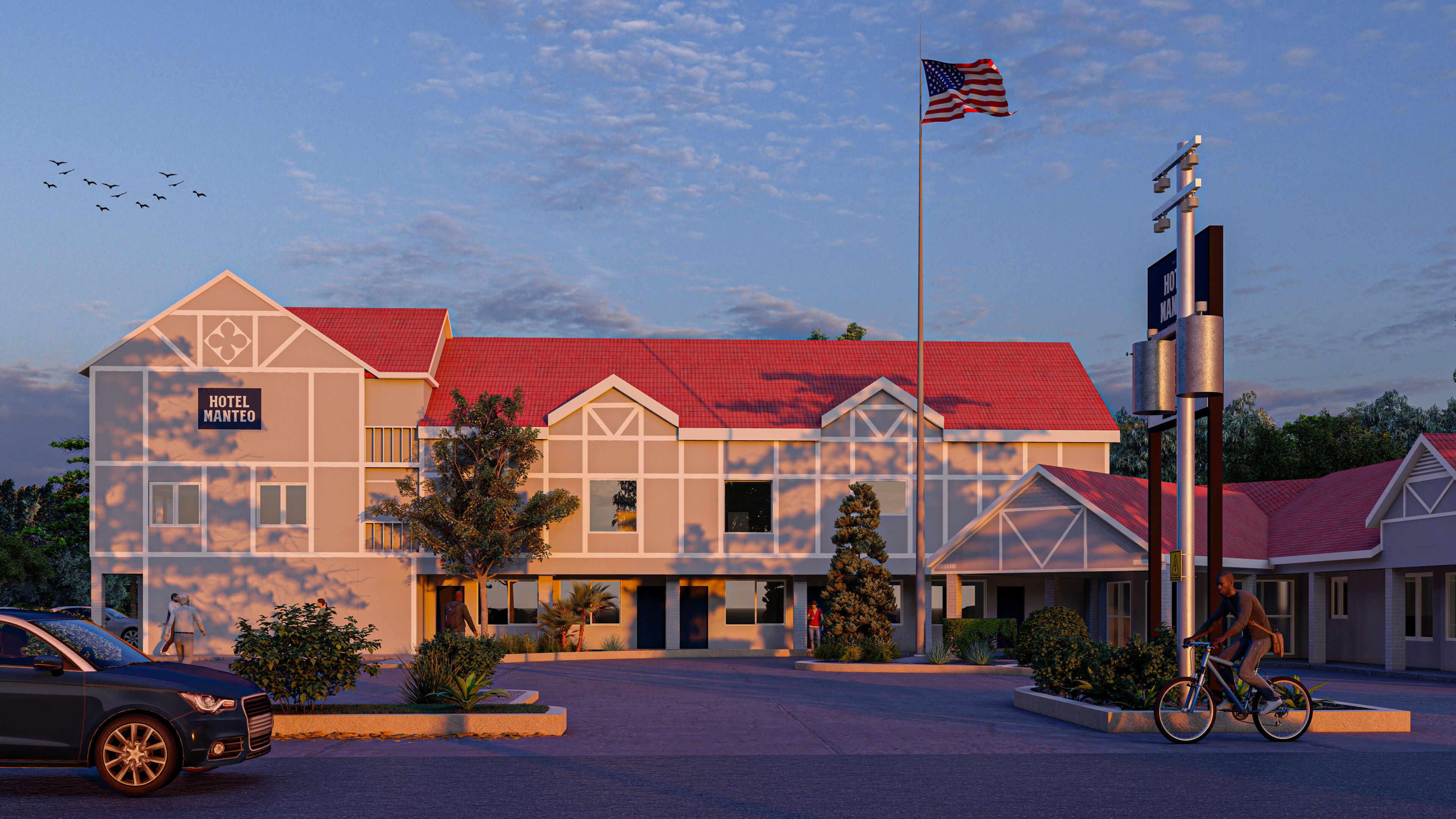 A hotel with a red roof, a flagpole with an American flag, and a sign that reads "HOTEL MANTEO".