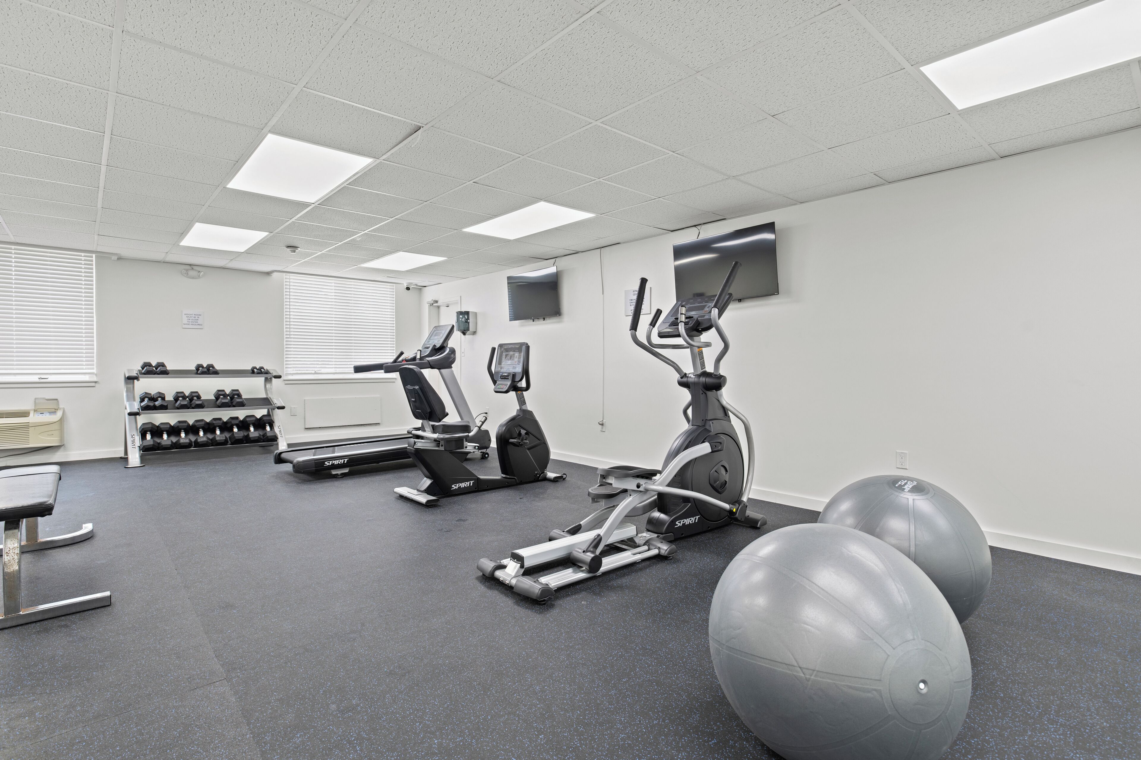 A gym with treadmills, stationary bikes, and exercise balls.