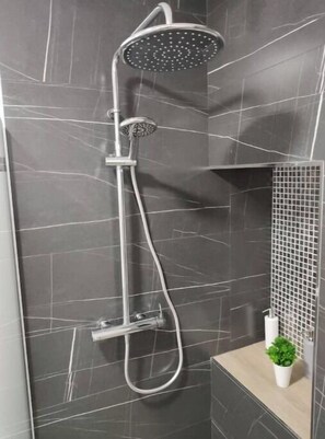 Shower, free toiletries, hair dryer, towels
