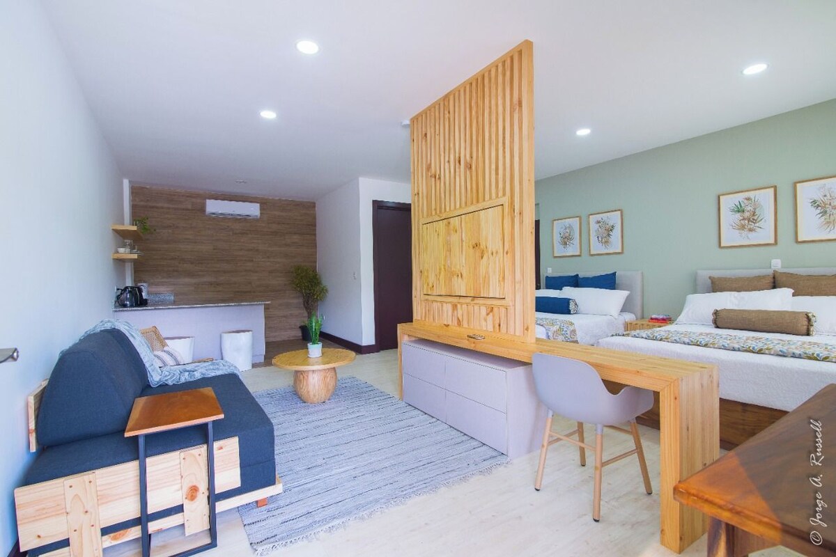 A modern, well-lit room with a wooden partition, a sofa, a desk, and a bed.