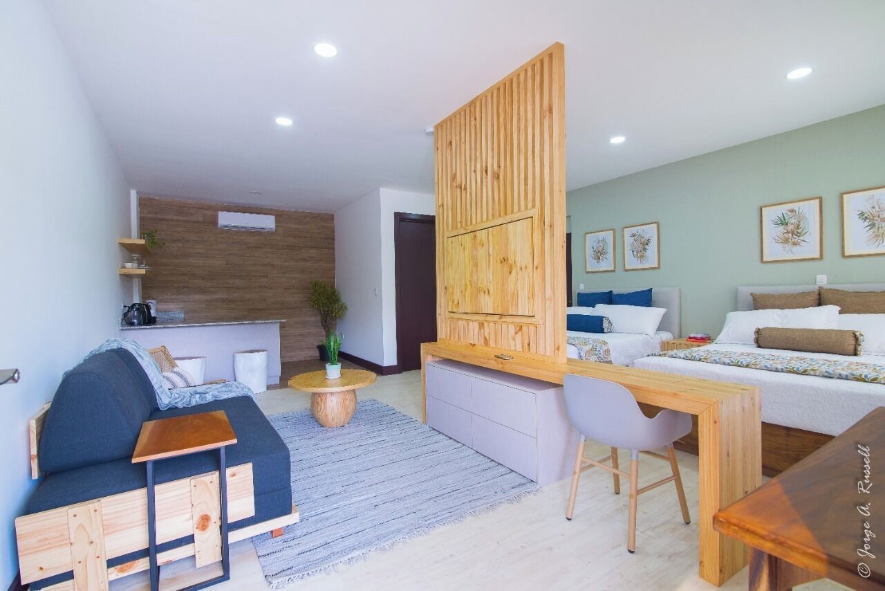 A modern, well-lit room with a wooden partition, a sofa, a desk, and a bed.