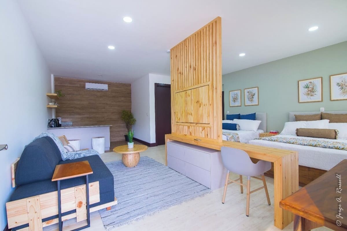 A modern, well-lit room with a wooden partition, a sofa, a desk, and a bed.
