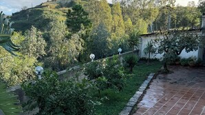 A patio area with a tiled floor, surrounded by greenery and trees. - Villa Sotto le Stelle for a relaxing holiday with a view of the Aeolian Islands (Orto Liuzzo)
