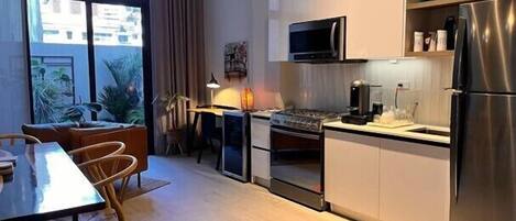 Fridge, microwave, oven, stovetop